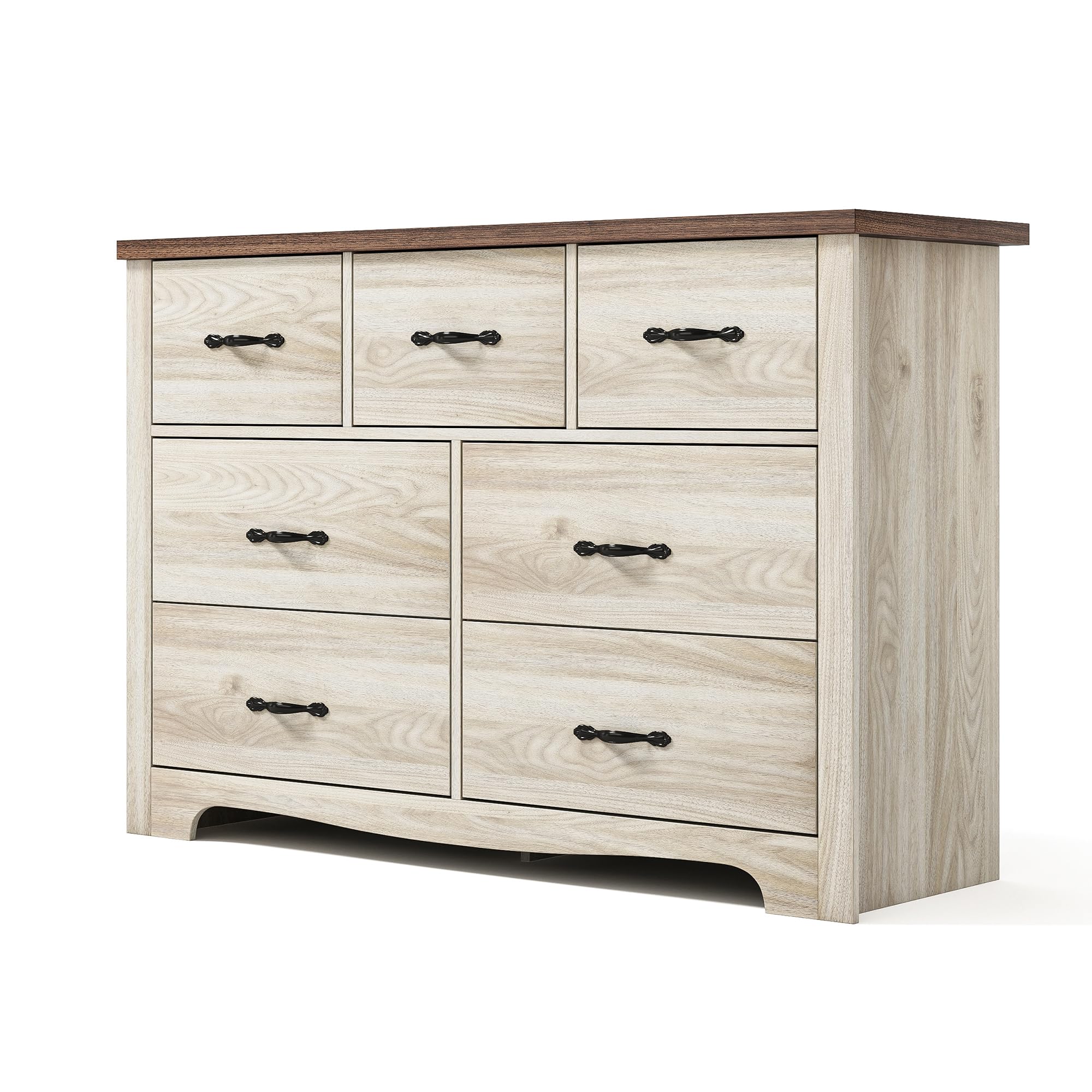 LINSY HOME 7 Drawer Double Dresser, SGS Certified Dresser for Bedroom, Farmhouse Dresser Chest with Wide Drawers, Wood Storage Chest of Drawers for Living Room