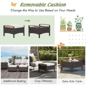 HAPPYGRILL Set of 2 Outdoor Patio Ottoman PE Rattan Wicker Ottomans with Removable Cushions and Solid Acacia Wood Handle Outdoor Footstool Footrest Set Seats and Side Table Set