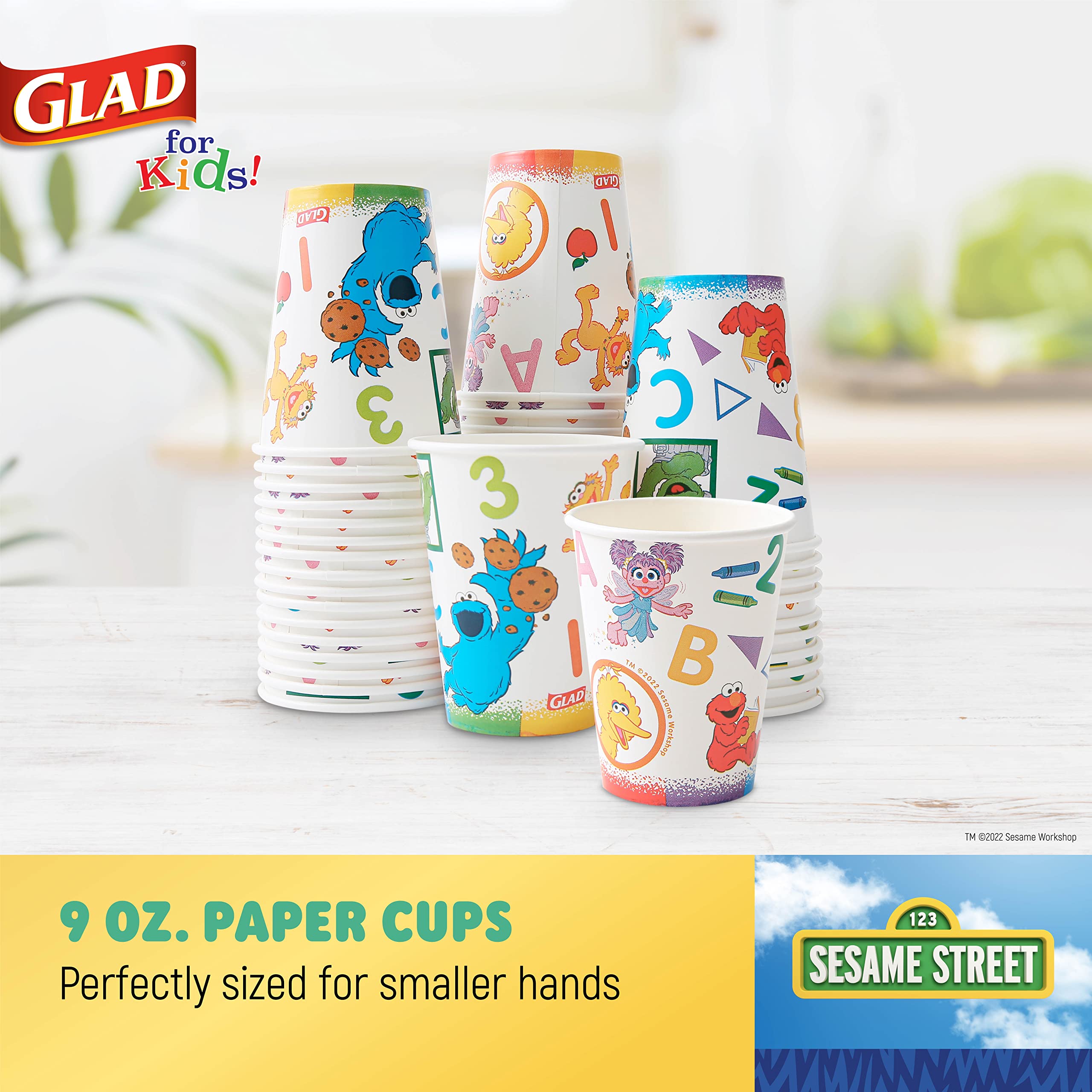 Glad for Kids Sesame Street 9oz Paper Cups Curriculum Style, 48ct | Sesame Street Paper Cups, Kid Sized Disposable Cups | Elmo Paper Cups for Everyday Use