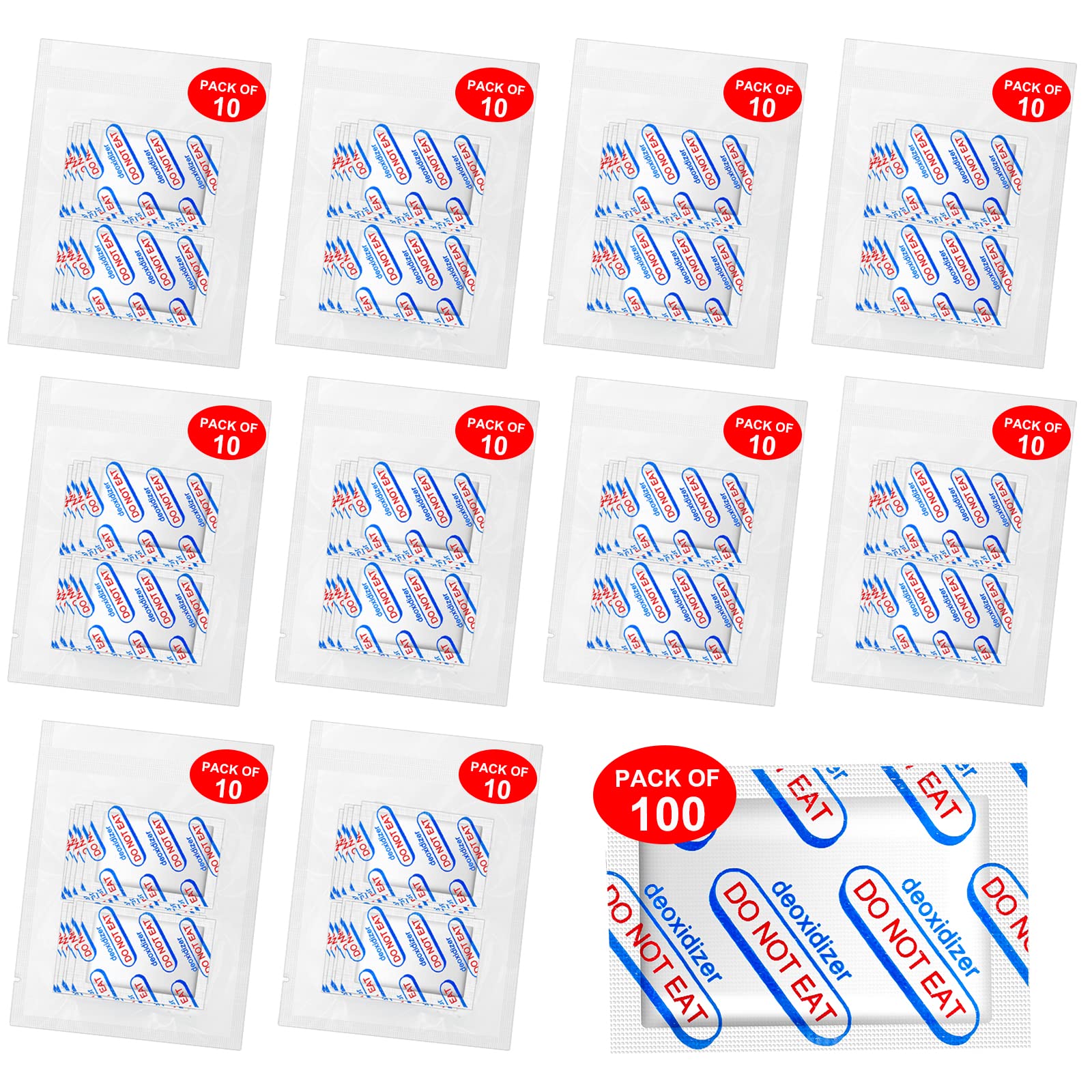 QHOWYAL 100 Packs 300CC Oxygen Absorbers (10 Packs in Individual Vacuum Bag), Food Grade Oxygen Absorbers for Long Term Food Storage, Perfect for Mylar Bags, Canning, Mason Jars