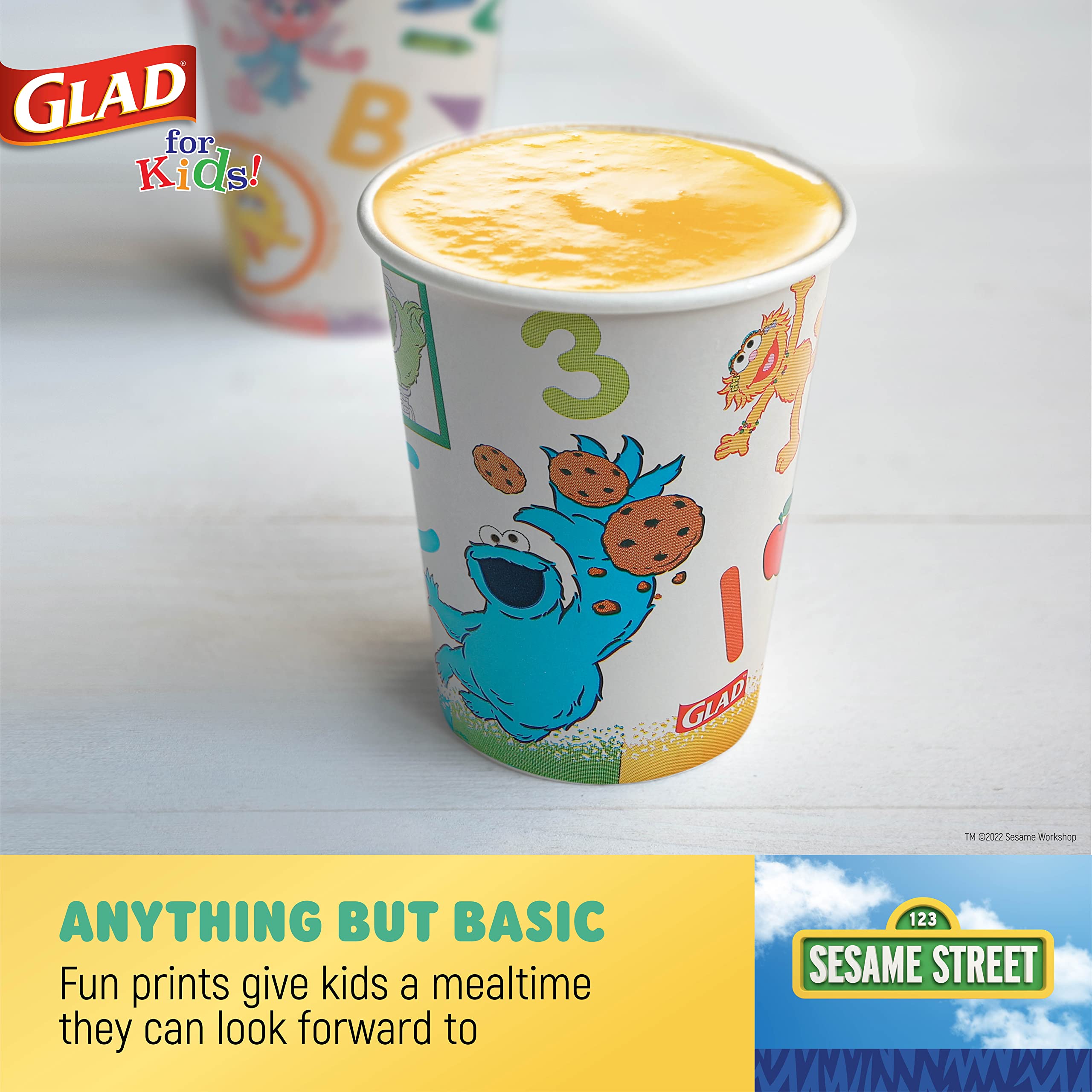 Glad for Kids Sesame Street 9oz Paper Cups Curriculum Style, 48ct | Sesame Street Paper Cups, Kid Sized Disposable Cups | Elmo Paper Cups for Everyday Use