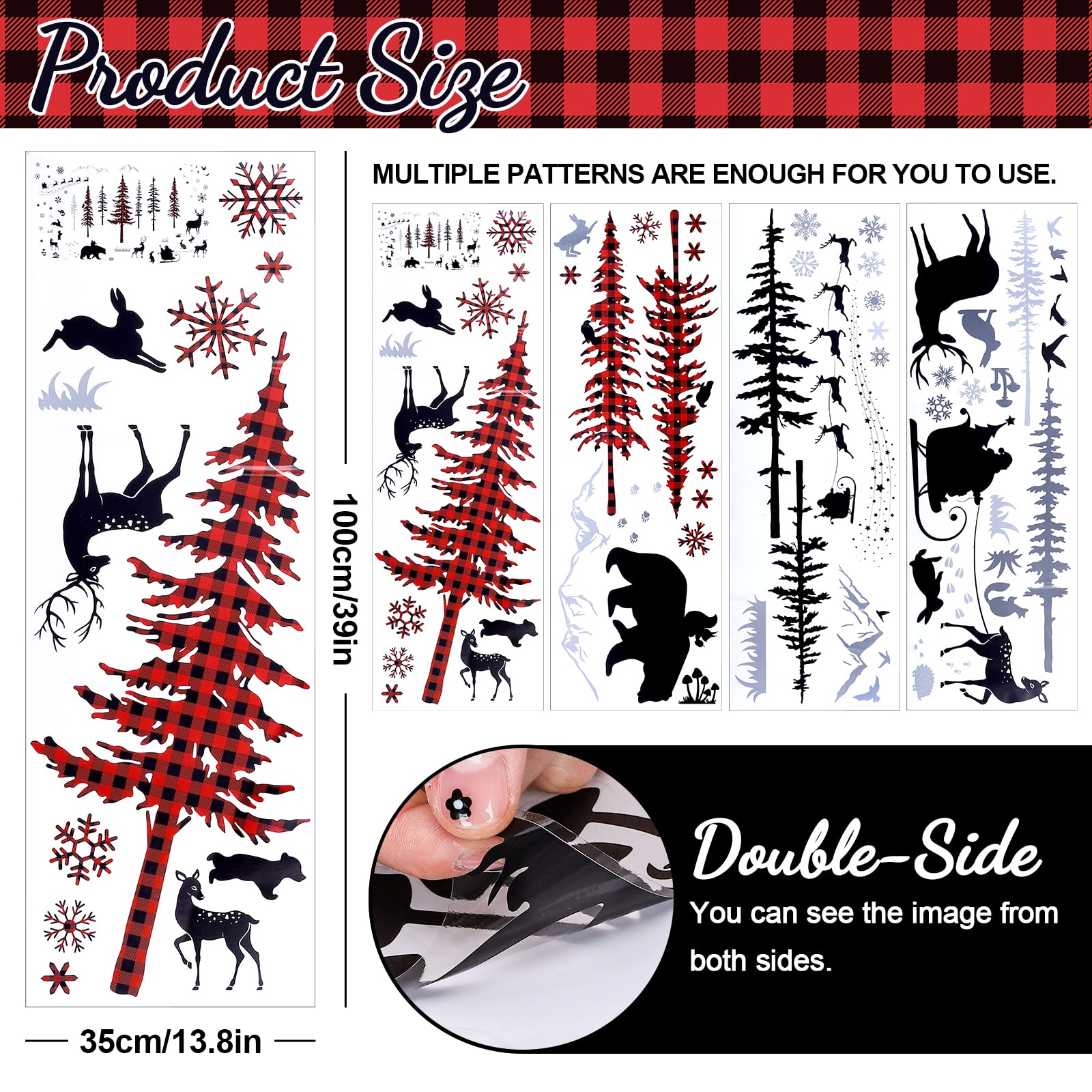 Whaline Christmas Wall Stickers Roll Red Black Plaid Xmas Tree Wall Floor Decor Forests Animals Prints Waterproof Art Wallpaper Winter Scenes Double Side Window Decals for Xmas DIY Home Party Decor