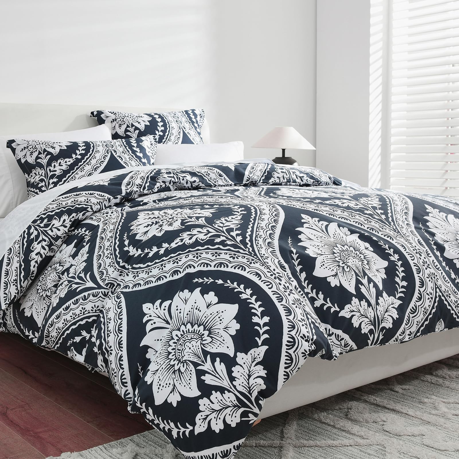 CozyQQ Cotton Duvet Cover King - 100% Cotton 400TC Winter Navy Blue Floral Damask Paisley King Duvet Cover Set, 3 PCS, 1 King Duvet Cover with Zipper & 2 Pillow Shams (104x90, No Comforter)