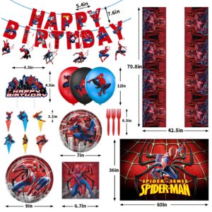 Spider Birthday Decorations, Superhero Spider Party Supplis include Plates Napkins Tablecloth Hanging Swirls Garland for Banner, Kids Birthday Party Supplies