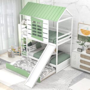 House Bunk Beds with Slide and Trundle Twin Over Twin Bunk Bed Wood Fun Playhouse Bunked Frame for Kids Girls Boys Teens, White with Green