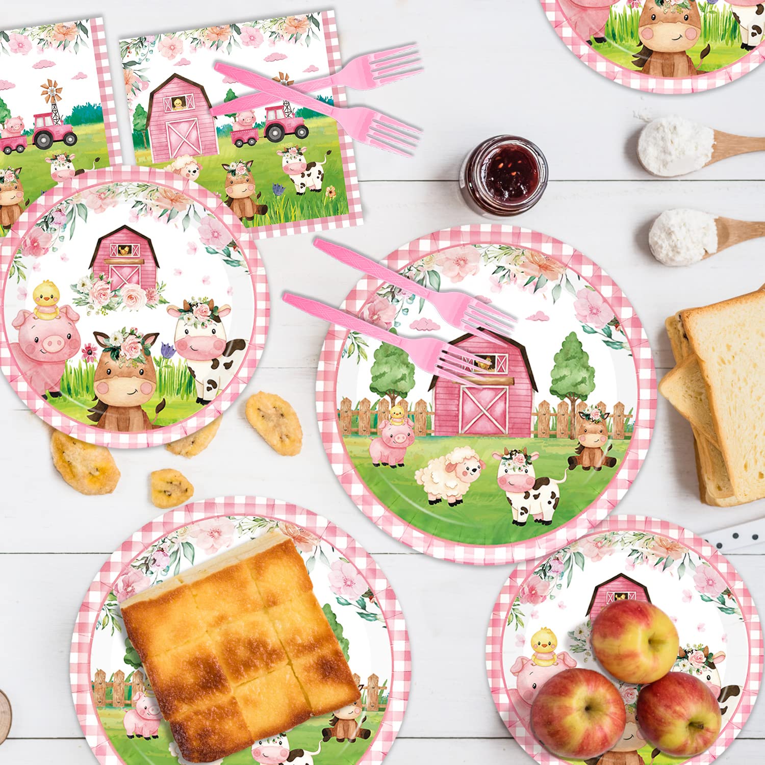 96PCS Farm Animals Party Supplies Tableware Set Farm Birthday Party Barn Animal Theme Party Cute Pink Animal Baby Shower Dessert Plate Dinner Plate Paper Napkins Forks Dinnerware for 24 Guests