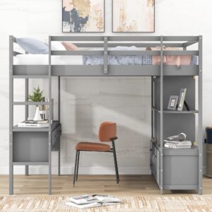 Bellemave Full Loft Bed with Desk and Storage Drawers Wood Beds Frame Bookcase Shelves for Dorm Bedroom Size Bunk Kids Adults Boys Girls Teens, Gray