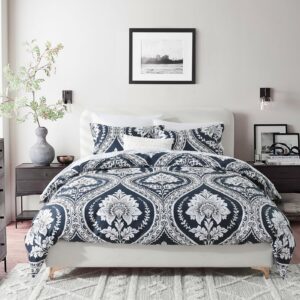 cozyqq cotton duvet cover king - 100% cotton 400tc winter navy blue floral damask paisley king duvet cover set, 3 pcs, 1 king duvet cover with zipper & 2 pillow shams (104x90, no comforter)