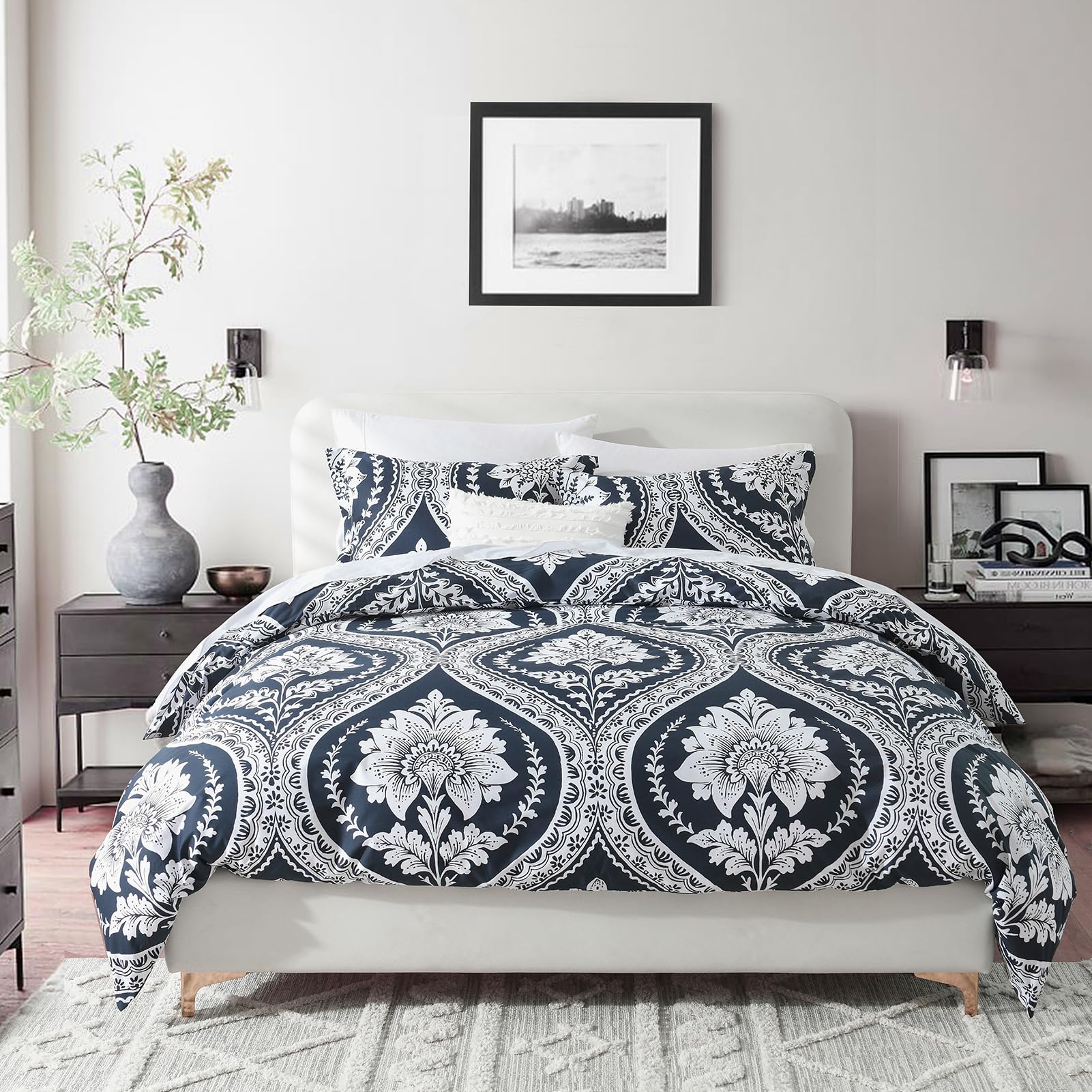 CozyQQ Cotton Duvet Cover King - 100% Cotton 400TC Winter Navy Blue Floral Damask Paisley King Duvet Cover Set, 3 PCS, 1 King Duvet Cover with Zipper & 2 Pillow Shams (104x90, No Comforter)