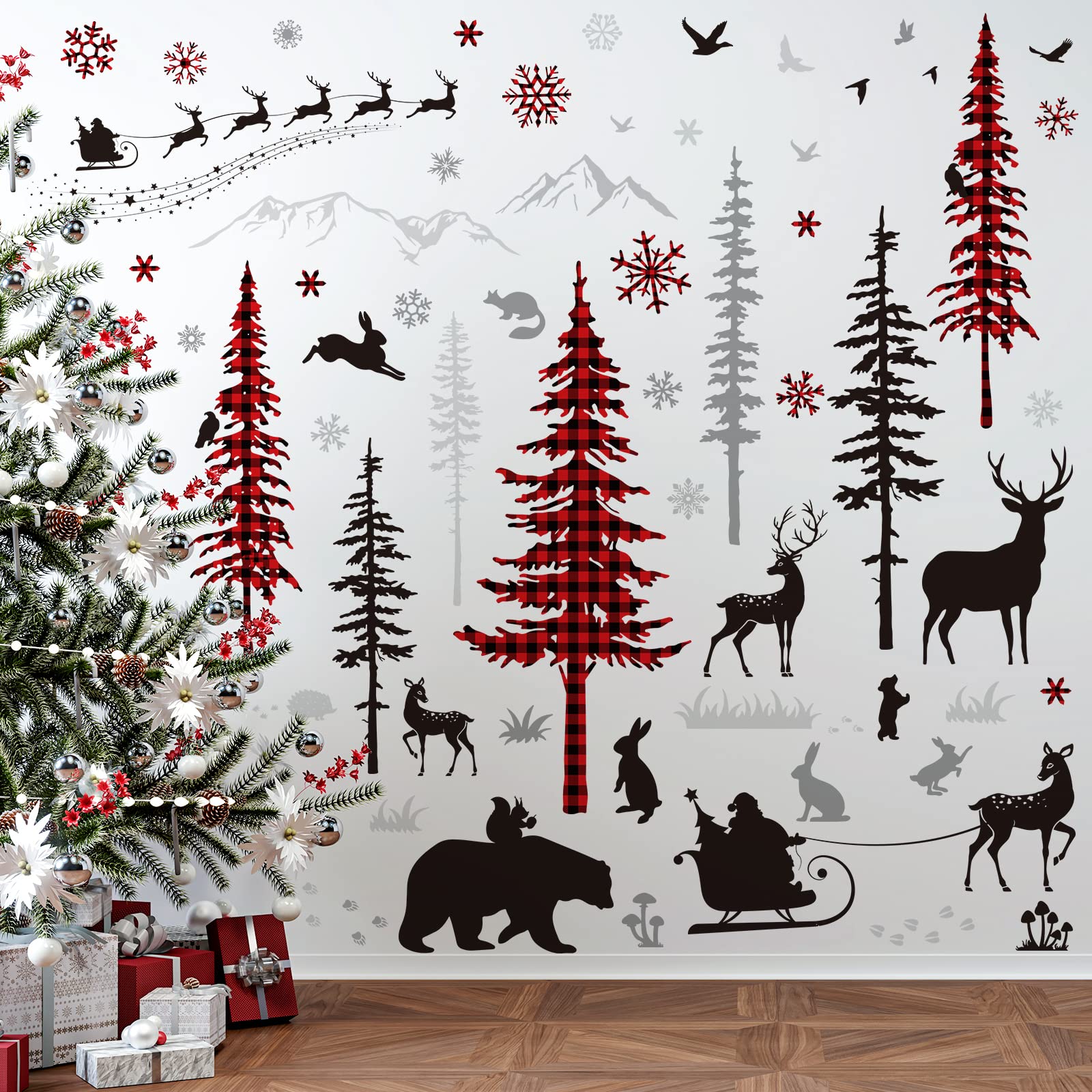 Whaline Christmas Wall Stickers Roll Red Black Plaid Xmas Tree Wall Floor Decor Forests Animals Prints Waterproof Art Wallpaper Winter Scenes Double Side Window Decals for Xmas DIY Home Party Decor