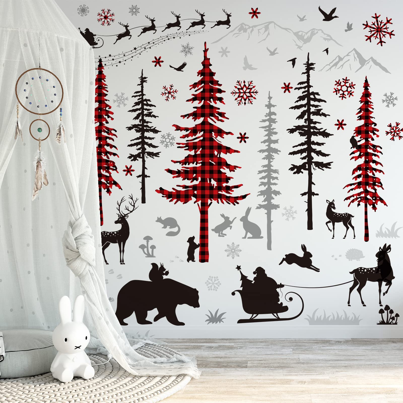 Whaline Christmas Wall Stickers Roll Red Black Plaid Xmas Tree Wall Floor Decor Forests Animals Prints Waterproof Art Wallpaper Winter Scenes Double Side Window Decals for Xmas DIY Home Party Decor