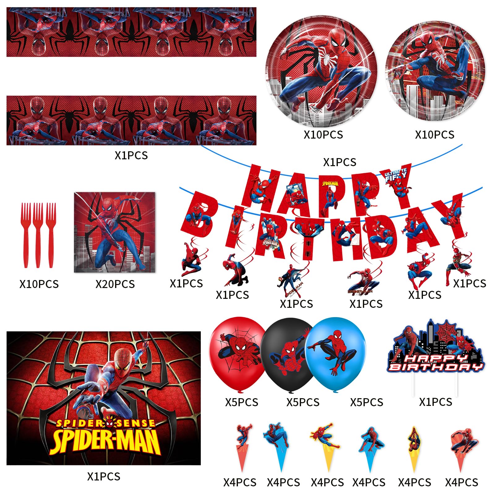 Spider Birthday Decorations, Superhero Spider Party Supplis include Plates Napkins Tablecloth Hanging Swirls Garland for Banner, Kids Birthday Party Supplies