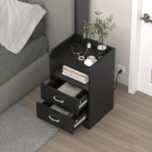 HOSEOKA Nightstand with Charging Station and LED Lights, Modern Nightstands End Table with 2 Drawers with USB Ports Bedside Tables for Office Living Room Bedroom (Black)