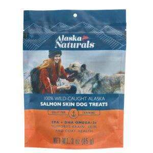 alaska naturals® 100% wild-caught alaska salmon skin dog treats, delivers 0.8% epa & 1.0% dha omega-3 fatty acids to support healthy skin & shiny coat, gluten free, grain free dogs treat, 3 oz