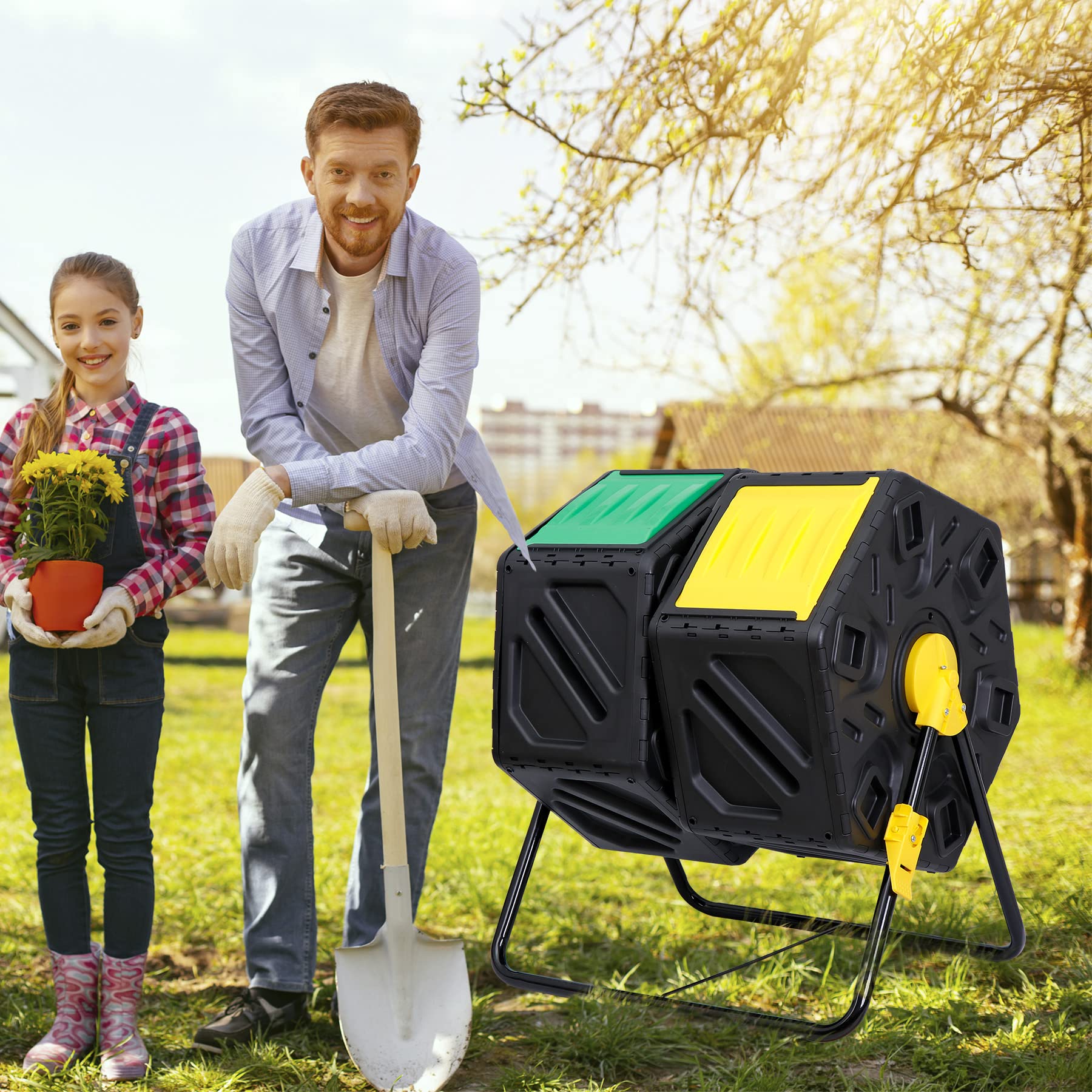 Nova Microdermabrasion 37 Gallon Compost Bin Outdoor BPA Free Dual Chamber Tumbling with 2 Sliding Doors, All-Season, Heavy-Duty, High Capacity Composter