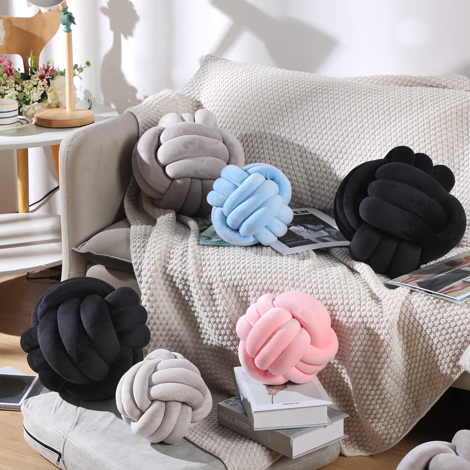 Namalu 2 Pieces Knot Ball Pillows Round Plush Aesthetic Cushion Pillows Soft Stress Relieving Cute Decorative Knotted Pillows for Kids Bed Sofa Bedroom Decor (Black, 7.87 Inches)