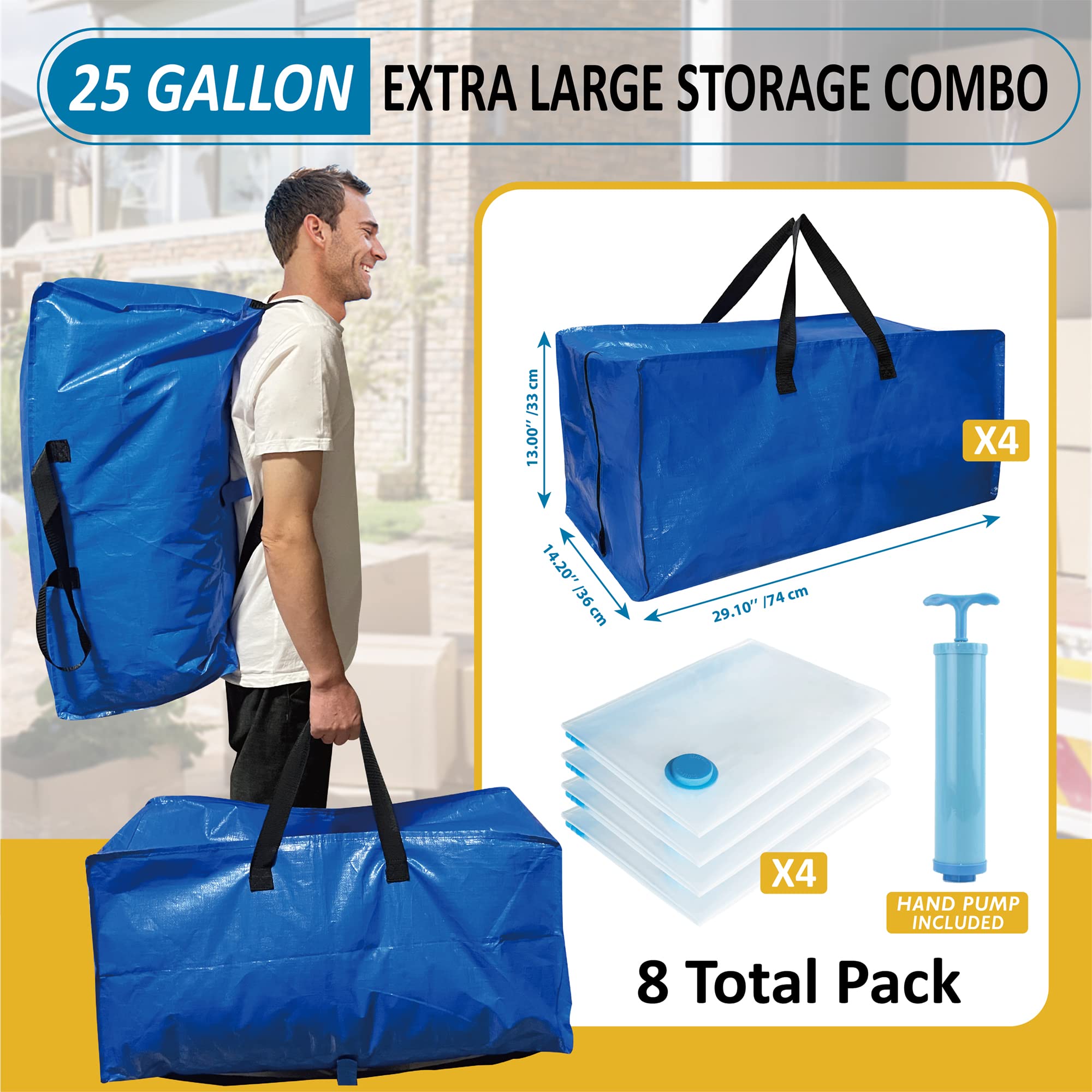 8 Pack Heavy Duty Extra Large Moving Bags with Backpack Straps & Large Vacuum Storage Bags Moving Supply Combo, Moving Totes with Handles & Zippers for Space Saving, Fold Flat, Includes Vacuum Bags