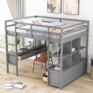 Bellemave Full Loft Bed with Desk and Storage Drawers Wood Beds Frame Bookcase Shelves for Dorm Bedroom Size Bunk Kids Adults Boys Girls Teens, Gray