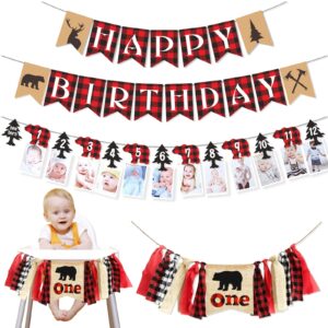 lumberjack baby shower banner lumberjack theme happy 1st birthday garland and high chair banner wild bear tree monthly photo banners for baby shower kid birthday hunting party supplies decoration (red and black plaid)