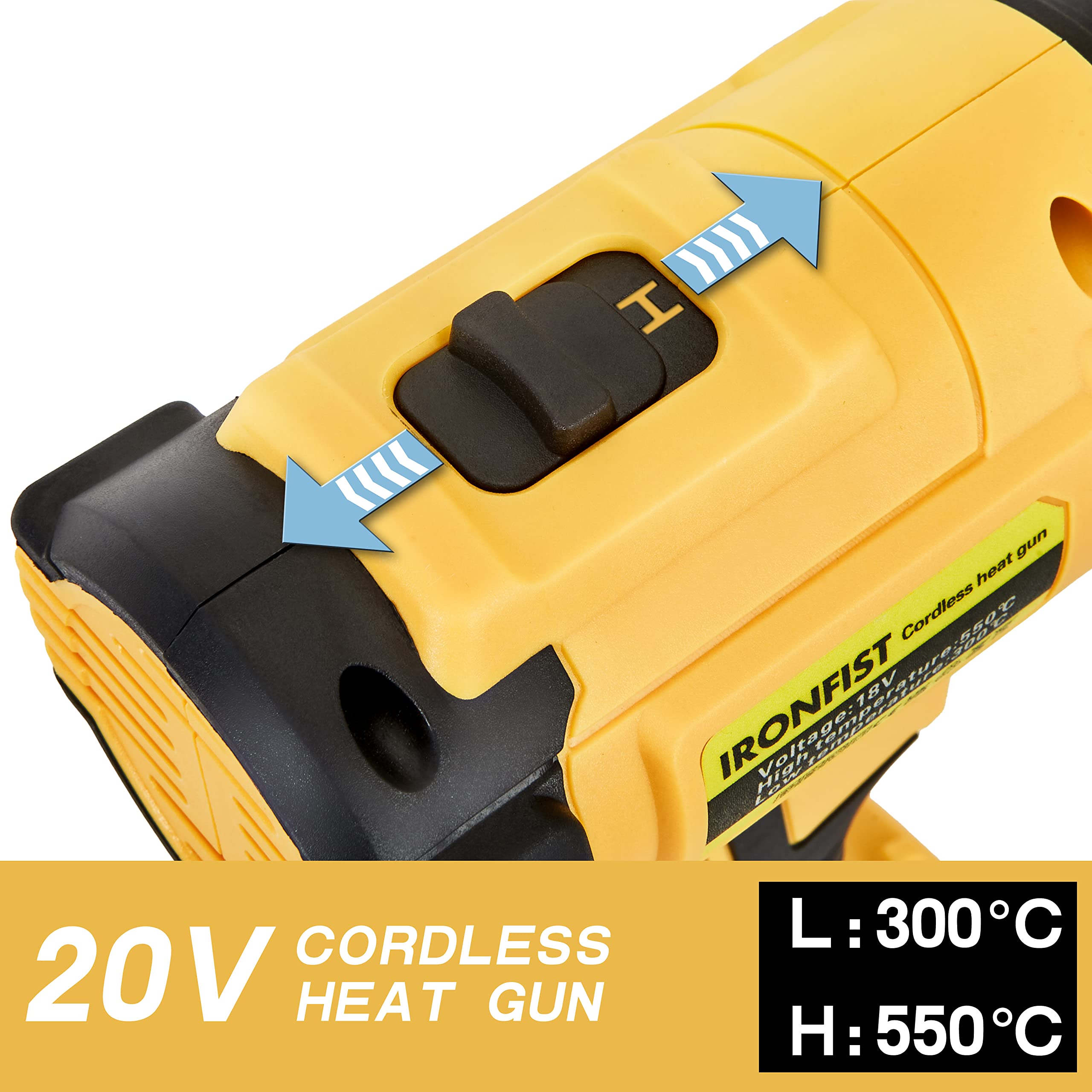 IRONFIST Heat Gun Cordless Lithium 20V Hot Air Gun 2-Temp Setting Max 1022°F(550°C) Heat Gun for Crafts, Shrink Tubing, Resin & Decorating Compatible with DEWALT Battery (Tool Only, NO Battery)