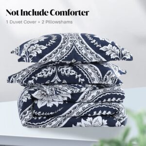 CozyQQ Cotton Duvet Cover King - 100% Cotton 400TC Winter Navy Blue Floral Damask Paisley King Duvet Cover Set, 3 PCS, 1 King Duvet Cover with Zipper & 2 Pillow Shams (104x90, No Comforter)