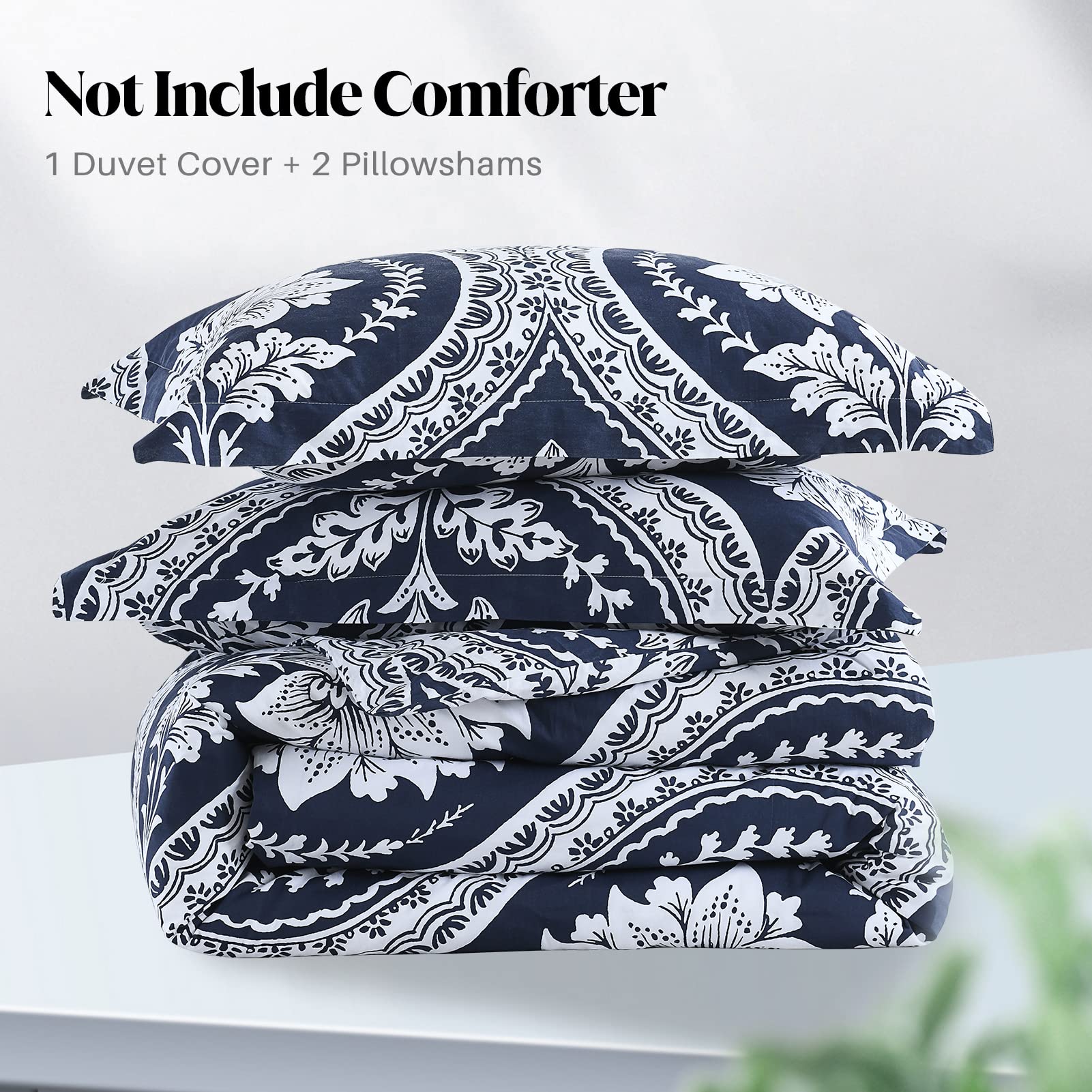 CozyQQ Cotton Duvet Cover King - 100% Cotton 400TC Winter Navy Blue Floral Damask Paisley King Duvet Cover Set, 3 PCS, 1 King Duvet Cover with Zipper & 2 Pillow Shams (104x90, No Comforter)