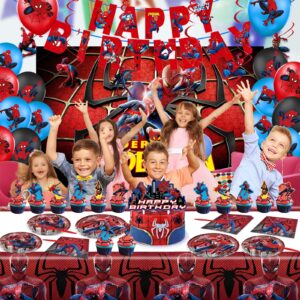 Spider Birthday Decorations, Superhero Spider Party Supplis include Plates Napkins Tablecloth Hanging Swirls Garland for Banner, Kids Birthday Party Supplies