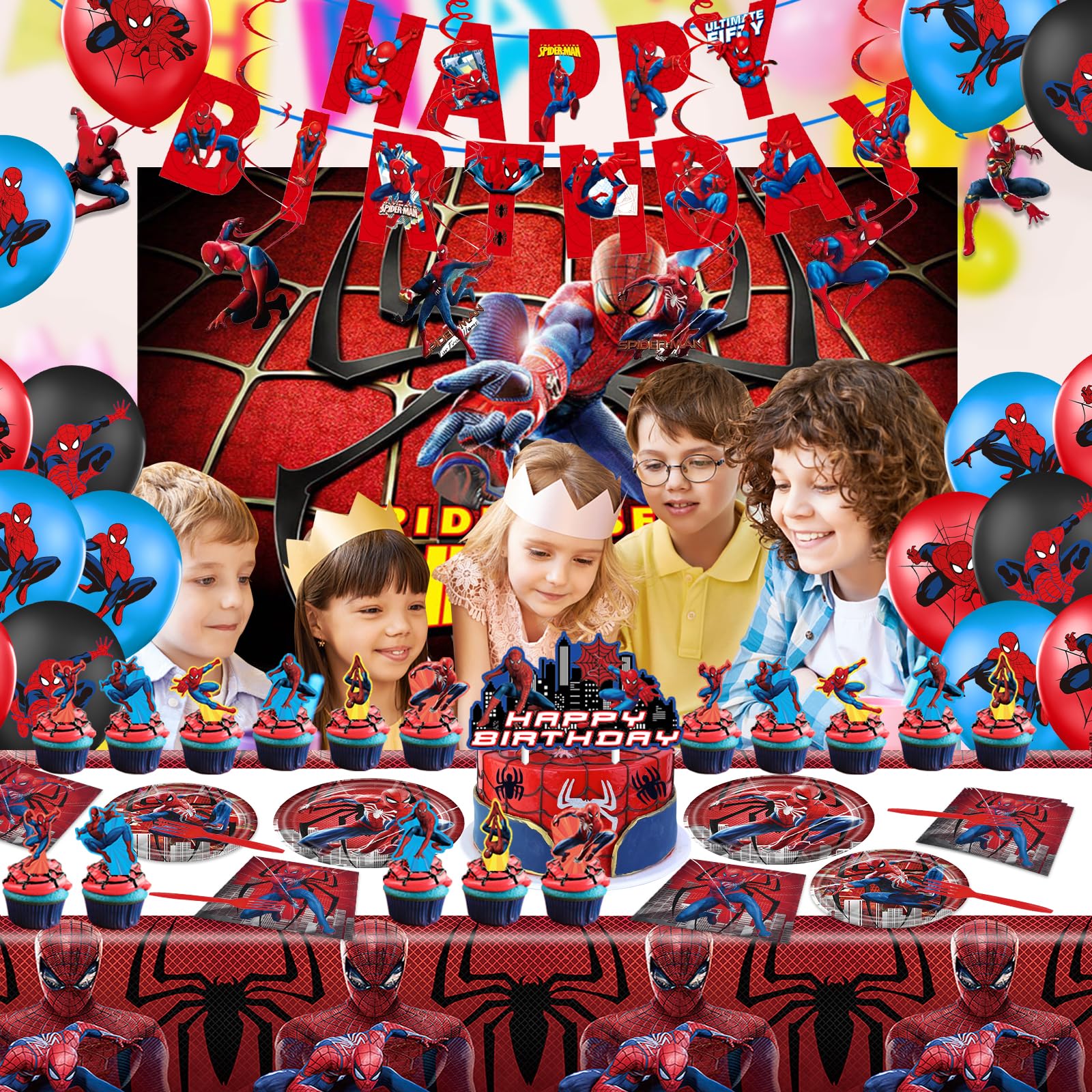 Spider Birthday Decorations, Superhero Spider Party Supplis include Plates Napkins Tablecloth Hanging Swirls Garland for Banner, Kids Birthday Party Supplies