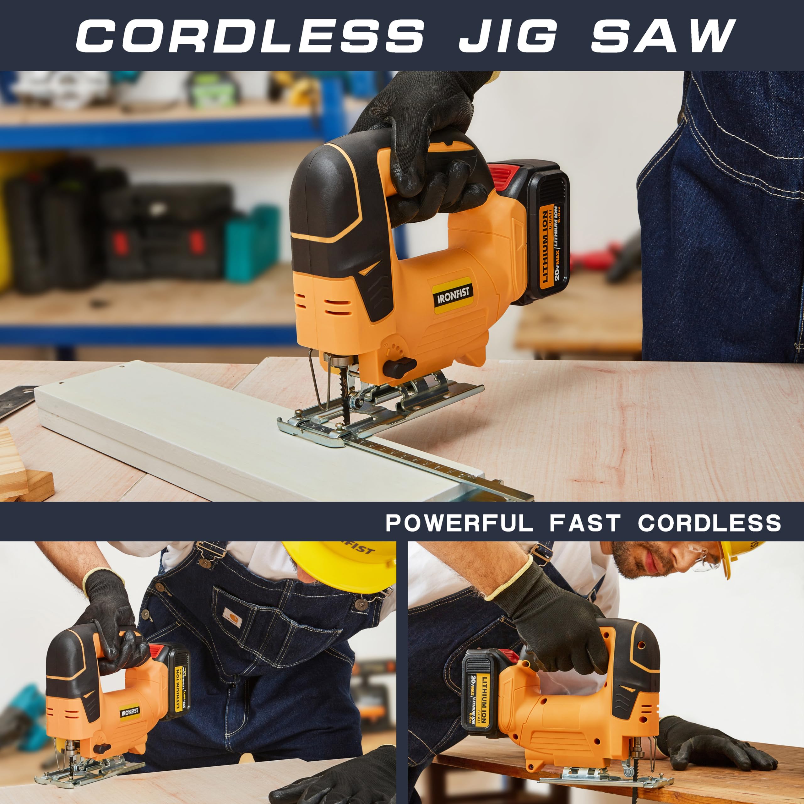 IRONFIST Jig Saw, Cordless 20V Lithium Saber saw, Adjustable 4-Position Orbital wood and metal cutting machine Compatible with DEWALT Battery (Tool Only, NO Battery)