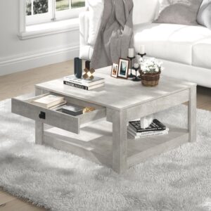 galano philia coffee table, modern top rectangular coffee table with storage drawer, 2 tier center table for living room, office, balcony, 31.5" d x 31.5" w x 16.34" h, dusty grey oak