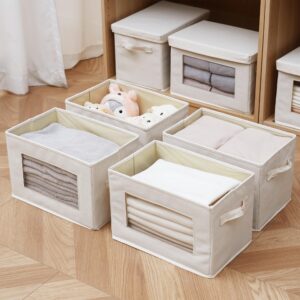 Citylife 3 Pack Storage Bins with Lids, Fabric Foldable Storage Bins with Soft Cord Handles, Canvas Storage Bin with Lid for Organizing Clothes, Blankets and Books, Beige