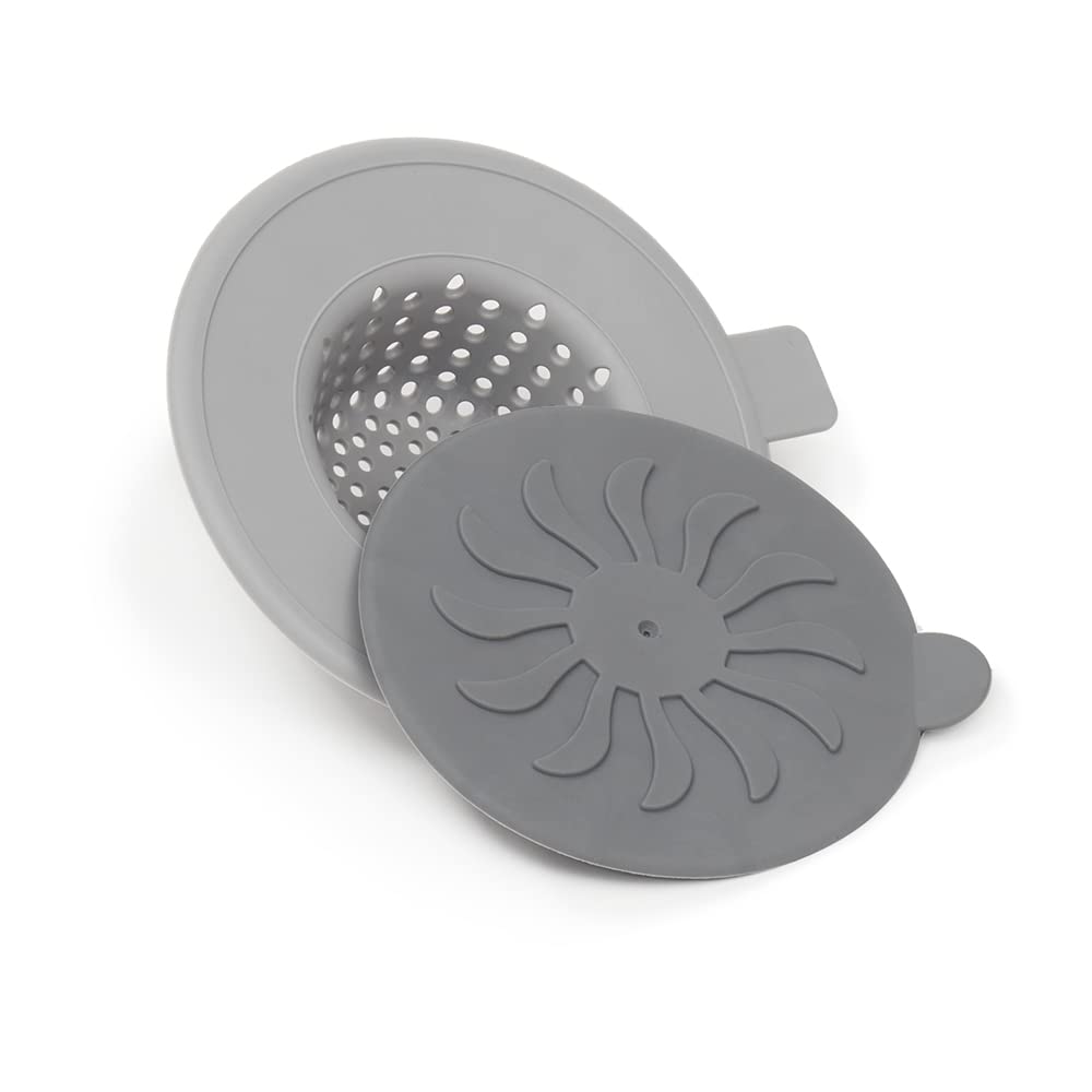 Flexible Grey Silicone Sink Strainer and Stopper for Kitchen Drains by Home Basics | Prevents Clogs and Keeps Sink Clean - Durable and Easy to Clean - Universal Fit