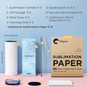 Hiipoo 8 Pack Sublimation Tumblers bulk 20 oz Straight Skinny with Sublimation Papers, Lids and Straws, Shrink Wrap, Sublimation Tumbler Cups for Tumbler Heat Press and Heat Transfer