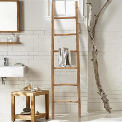 LuxenHome Rustic 6ft Decorative Blanket Ladder, Fully Assembled Nature Wood Decorative Wall Leaning Blanket Ladders, Bathroom Storage Quilt Towel Display Rack Shelf Holder Rustic Farmhouse