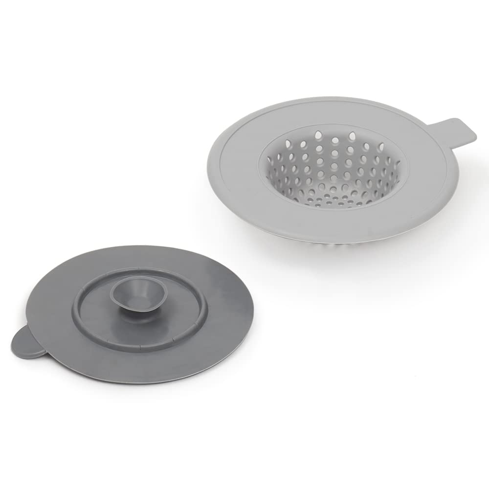 Flexible Grey Silicone Sink Strainer and Stopper for Kitchen Drains by Home Basics | Prevents Clogs and Keeps Sink Clean - Durable and Easy to Clean - Universal Fit