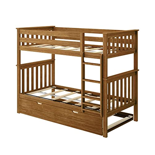 Max & Lily Bunk Bed, Twin-Over-Twin Bed Frame for Kids with Trundle, Pecan