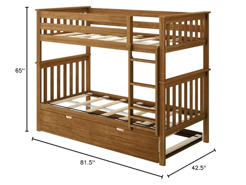 Max & Lily Bunk Bed, Twin-Over-Twin Bed Frame for Kids with Trundle, Pecan