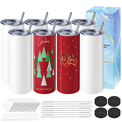 Hiipoo 8 Pack Sublimation Tumblers bulk 20 oz Straight Skinny with Sublimation Papers, Lids and Straws, Shrink Wrap, Sublimation Tumbler Cups for Tumbler Heat Press and Heat Transfer