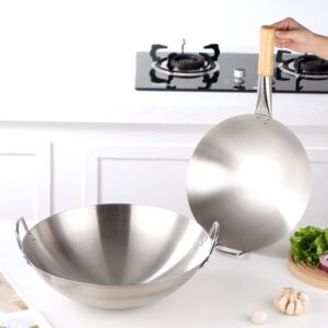 STOBOK Pots Wok Pan 28cm Double Handle Wok Stainless Steel Wok Fry Pan Large Capacity Saute Pan Round Bottom Wok Multipurpose Stewpot Skillet Works for Gas Cooktops Electric Frying Pan