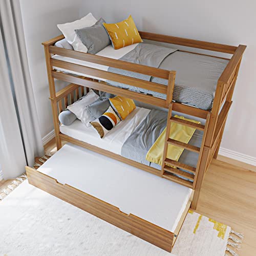 Max & Lily Bunk Bed, Twin-Over-Twin Bed Frame for Kids with Trundle, Pecan