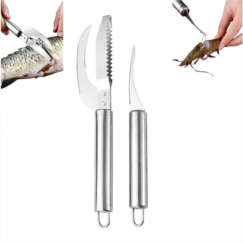 Fish Scale Knife Cut Scrape Dig 3-in-1Tool, Stainless Steel Peelers Scraping Boning Filleting Stainless Steel Shrimp Whisker Peeler Tool, 5 in 1 Multifunctional Shrimp Line Fish Maw Knife 2Pack