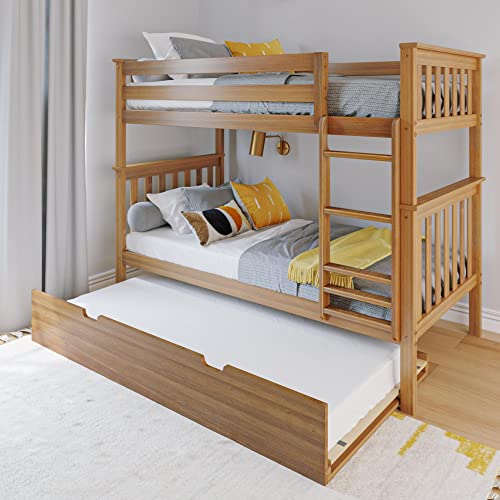 Max & Lily Bunk Bed, Twin-Over-Twin Bed Frame for Kids with Trundle, Pecan