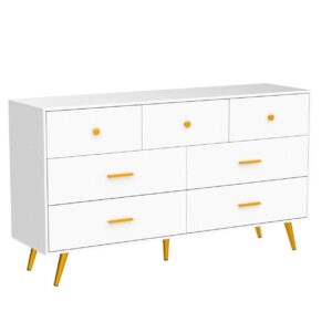 SOSPIRO 7 Drawer Dresser for Bedroom, Modern White Gold Dresser with Wide Drawers and Power Outlets, Long Chest of Drawers for Living Room Hallway Entryway, White