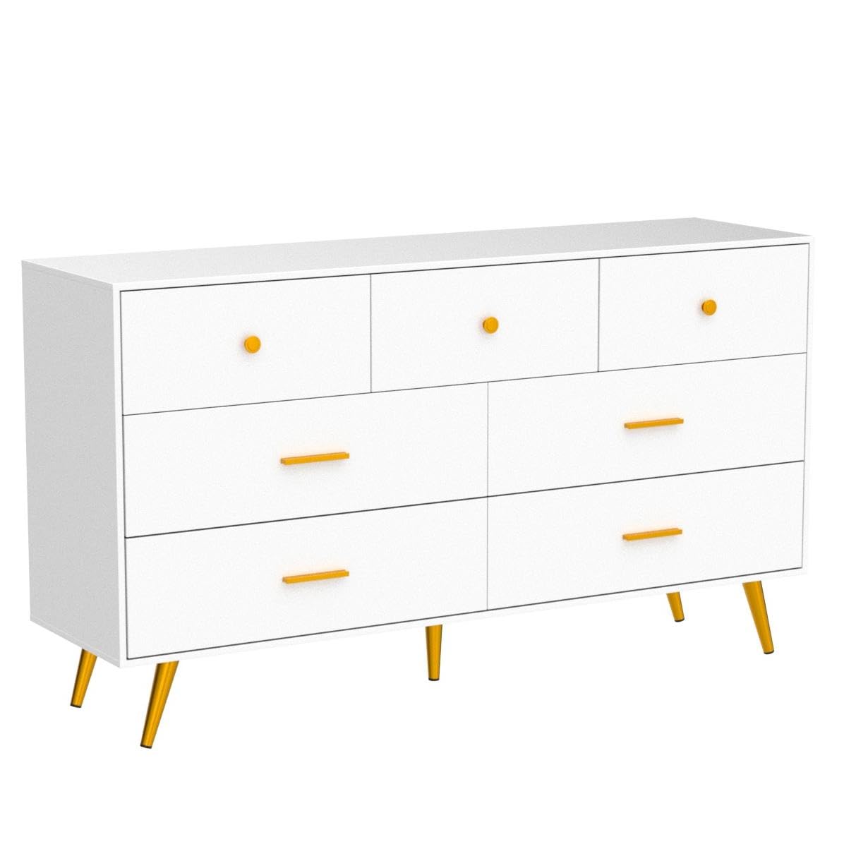 SOSPIRO 7 Drawer Dresser for Bedroom, Modern White Gold Dresser with Wide Drawers and Power Outlets, Long Chest of Drawers for Living Room Hallway Entryway, White