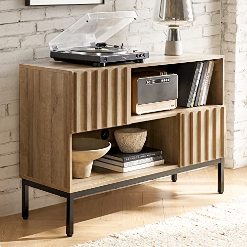 mopio Norwin Entryway Table, Modern Rustic Industrial Farmhouse Console Sofa Table, Display Shelf, Accent Cabinet, with Metal Legs, Soft Close Door, Storage Shelves, & Leveler, for Living Room