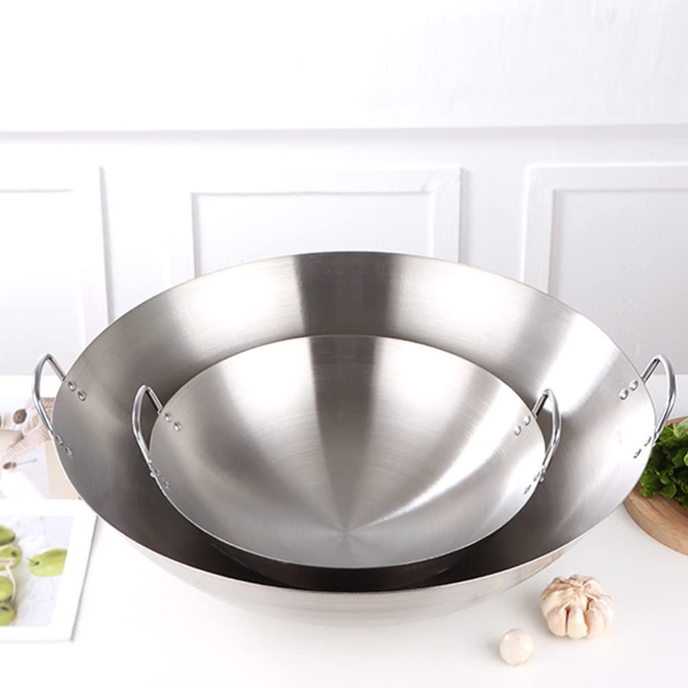 STOBOK Pots Wok Pan 28cm Double Handle Wok Stainless Steel Wok Fry Pan Large Capacity Saute Pan Round Bottom Wok Multipurpose Stewpot Skillet Works for Gas Cooktops Electric Frying Pan