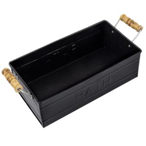 MyGift Matte Black Metal Bathroom Storage Basket with Wood Handles - Rectangular Bath Toiletries Holder and Organizer Bin with Embossed Bath Label - Handcrafted in India