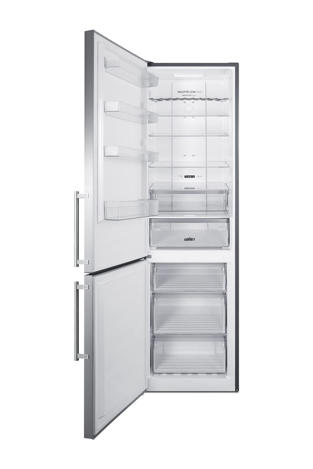 Summit Appliance FFBF181ES2LHD Bottom Freezer Refrigerator, 24" Wide, High Temperature Alarm, 11.7 cu.ft Capacity, Stainless Steel Door, Left Hand Door Swing, Multi-Flow Fan, Digital Thermostats