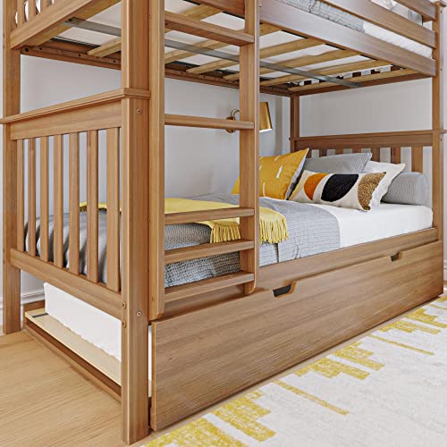 Max & Lily Bunk Bed, Twin-Over-Twin Bed Frame for Kids with Trundle, Pecan