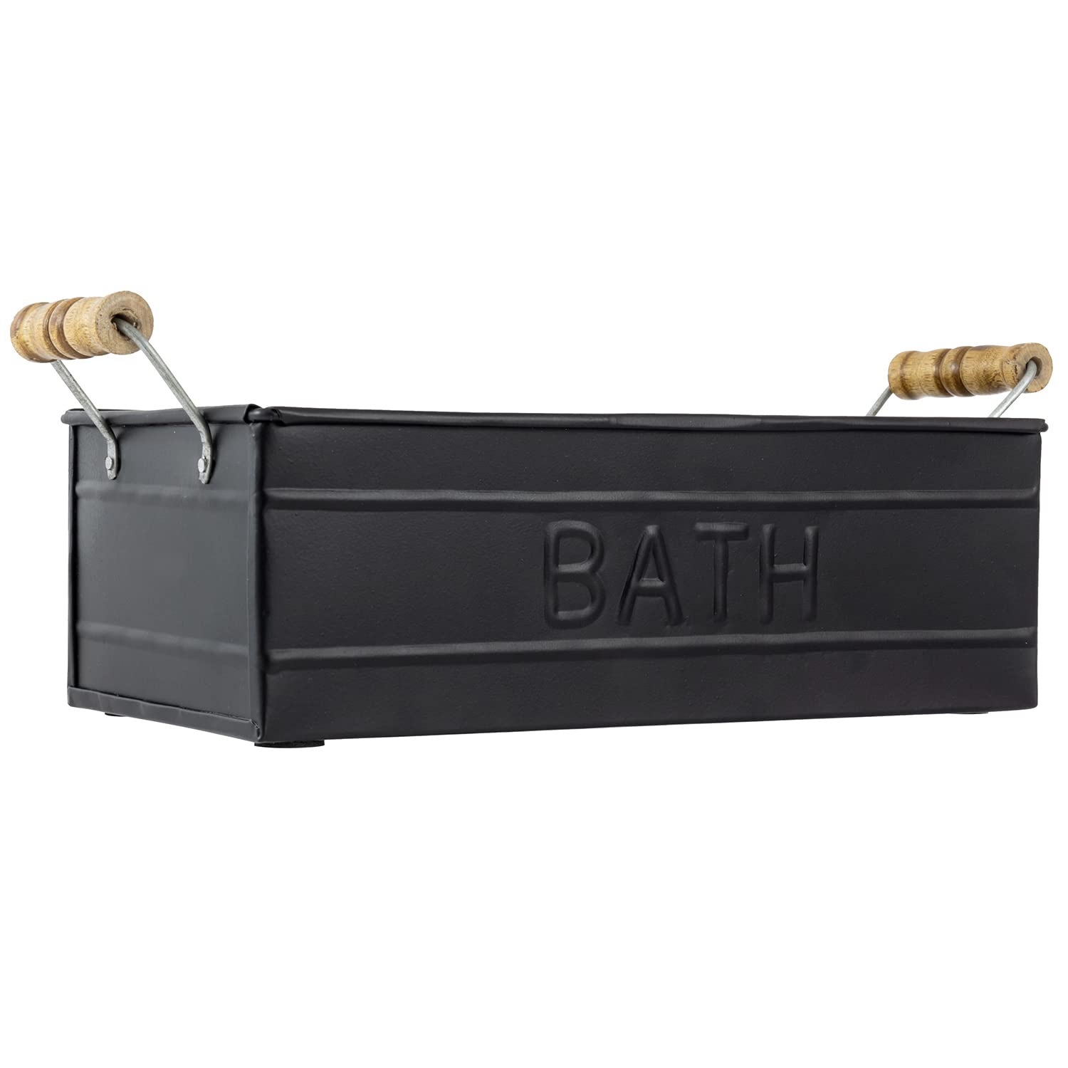 MyGift Matte Black Metal Bathroom Storage Basket with Wood Handles - Rectangular Bath Toiletries Holder and Organizer Bin with Embossed Bath Label - Handcrafted in India